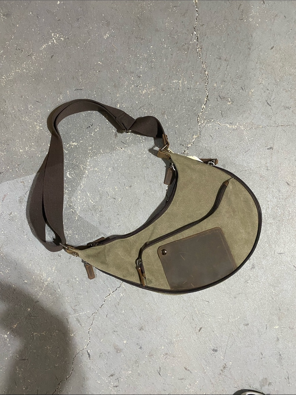 Olive Canvas Crescent Crossbody with Brown Trim
